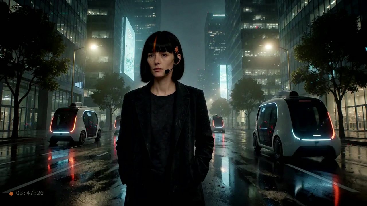 Film still: night street with autonomous cars in the rain