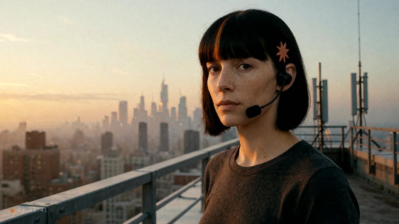 Film still: worker on a rooftop at dawn