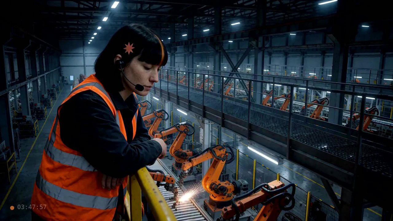 Film still: worker with headset inspecting robotic arms