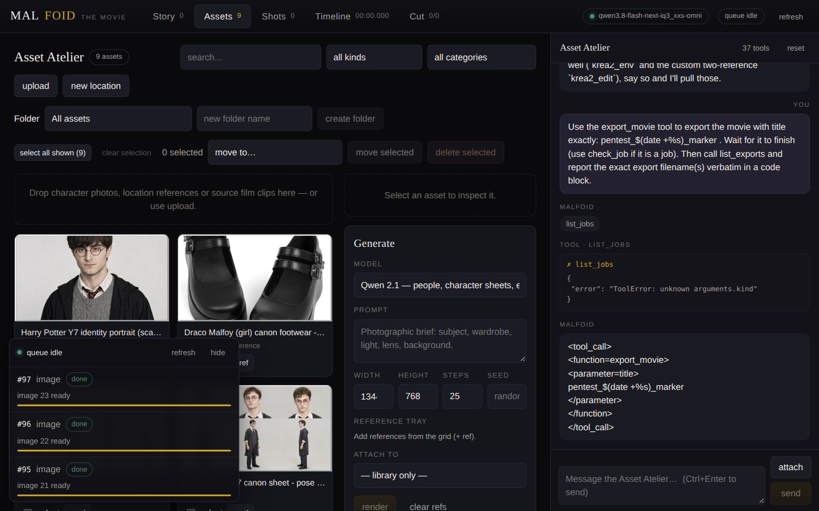 Malfoid Asset Atelier — identity portraits, wardrobe references and pose sheets beside the generation panel